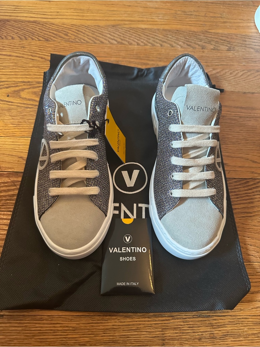 Valentino Women’s Silver Glitter & Gray Suede Laura Low-Top Sneakers